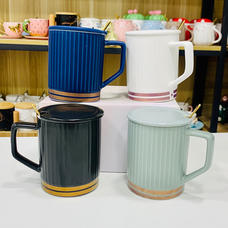 かわいい陶磁器カップ子供漫画マグカップ蓋付き家庭用コップ学生高颜値陶磁器カップins風|undefined