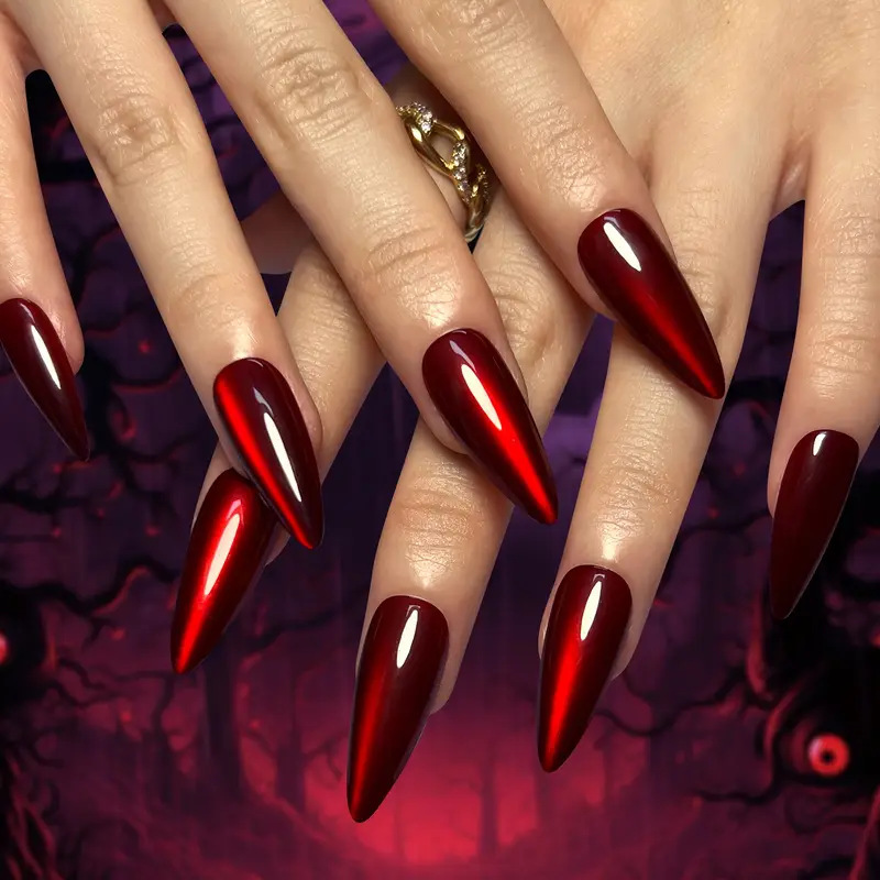 Cross-Border Wearable Nails Red Shiny Cat Eye Manicure Halloween Hot Style Whitening Exquisite Almond Fake Nails Wholesale