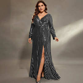 新款V领晚礼服大码长款条纹亮片礼服舞会生日开叉成人礼服