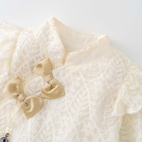 Baby Bodysuit 2024 Spring and Autumn Newborn Baby Clothes Chinese Style White Lace National Style Spring Outfit Crawling Suit