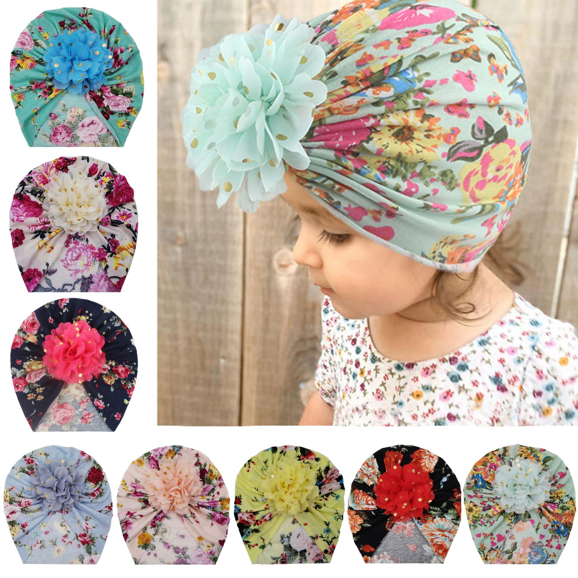 2021 New European and American Gold Foil Flower Hat Print Knit Hat for Girls Soft and Comfortable Flower Head Cover Hat