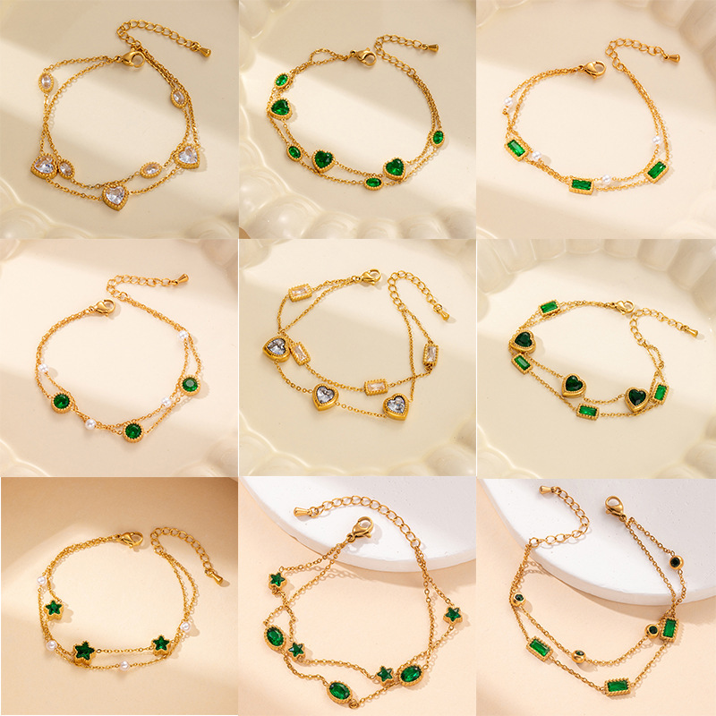 Stainless Steel Bracelet with Double Layers, Personalized Green Diamond, Pearl, Star, and Heart Diamond Design, Double Chain, Non-Fading Bracelet
