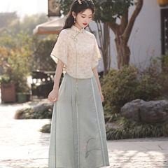中國風新中式套裝改良旗袍上衣兩件套裝裙年輕款少女復古短袖春夏