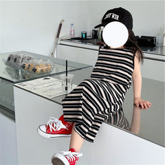 Ladies' Summer 2023 New Style Dress Children's Korean Style Sleeveless Striped Backless Dress Girls' Clothing Skirt Trend 0075