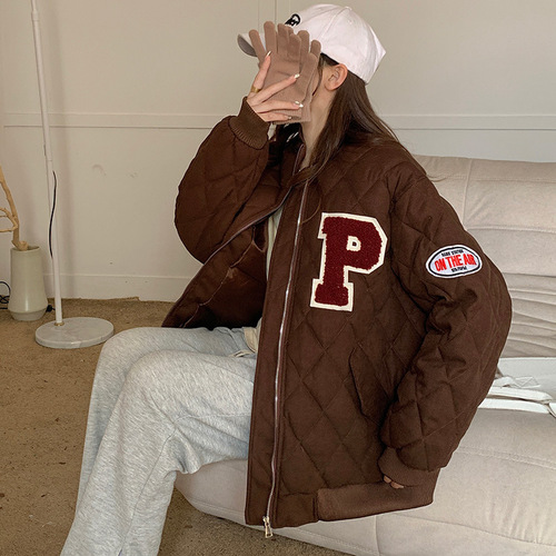 American retro diamond checkered baseball padded jacket for women in winter Korean style loose college style letter embroidered thickened jacket trendy