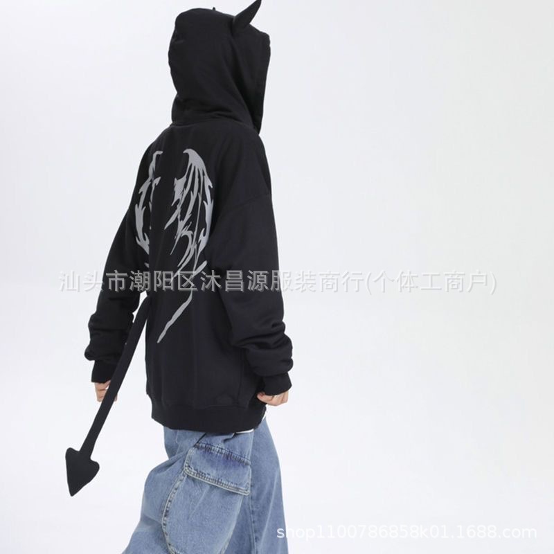 Ins Lazy Style Niche Coat American Style Retro Devil Horn Tail Women's Autumn and Winter fleece-lined National Fashion Brand Loose Sweatshirt