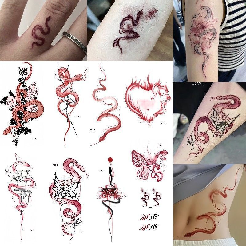 Red Snake Tattoo Sticker Waterproof Female High-Looking Girl Sweet Cool Hot Girl Snake Flower Arm Thigh Washable Red Snake Tattoo Sticker Waterproof Female High-Looking Girl Sweet Cool Hot Girl Snake Flower Arm Thigh Washable