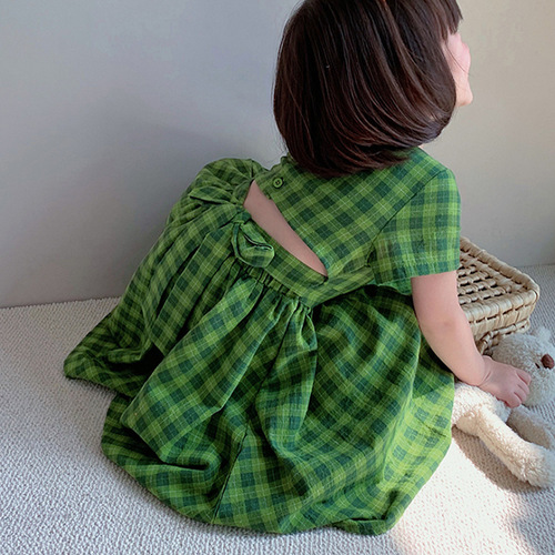 Girls' Plaid Grass-green Midriff-Exposing Dress, Princess Style, 24 Summer Collection—New Arrival, Made-to-Order Kids' Clothing for Export