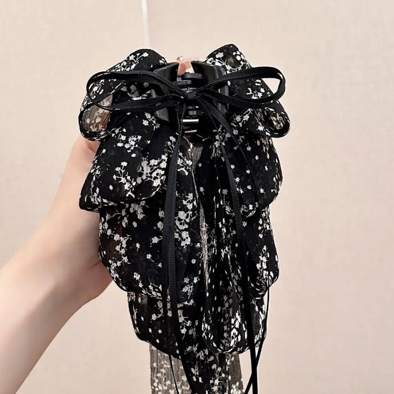 新しい中国風のスプラッシュインクプリントメッシュリボンポニーテールクリップ、甘いプリンセスの雰囲気、軽い豪華な気質のクリップ|undefined