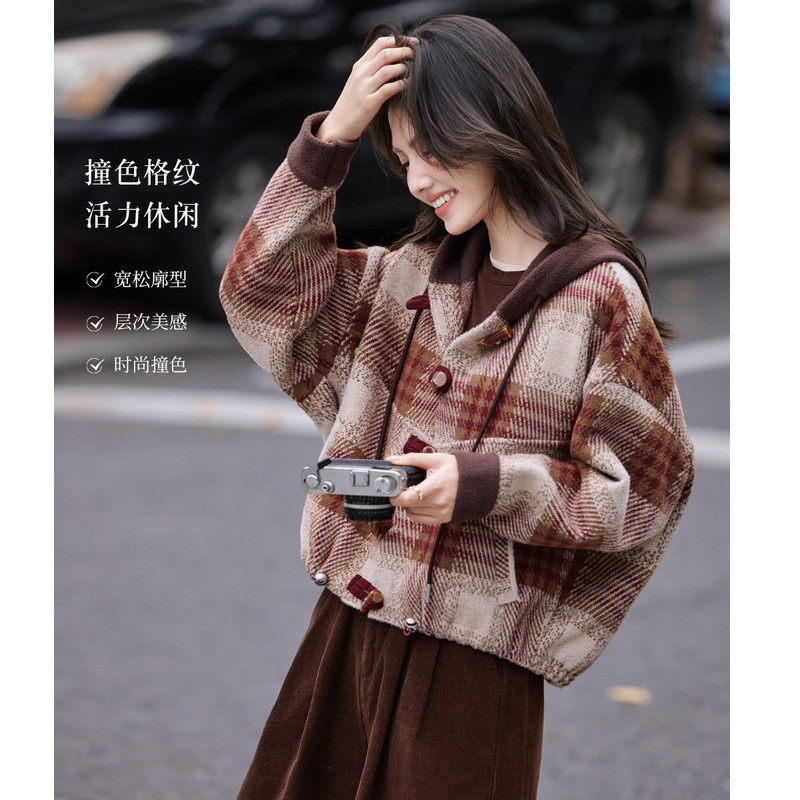 慵懒风撞色格纹连帽短外套25年秋新宽松减龄休闲上衣|undefined