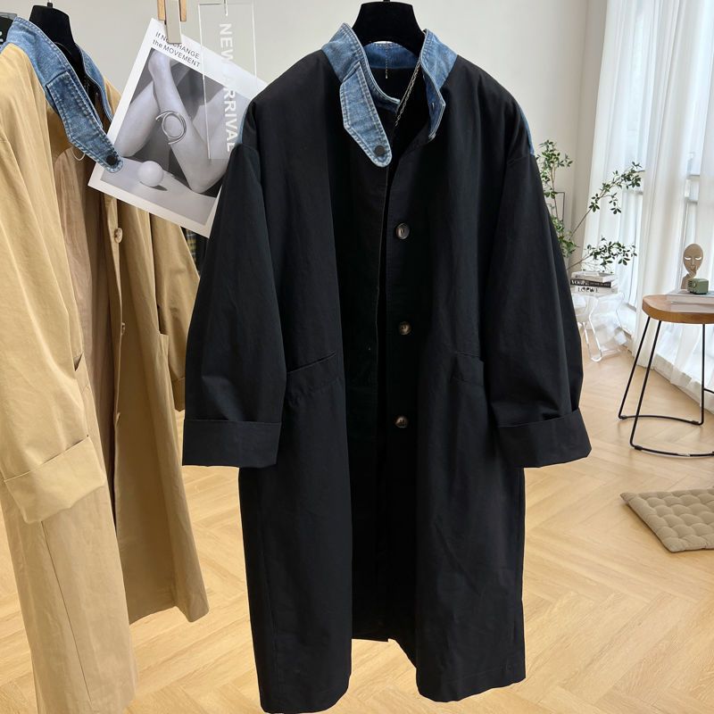 Spliced ​​Stand Collar Mid-Length Over-The-Knee Windbreaker Jacket for Women Autum New Loose Thin Casual Large Size Outwear Jacket