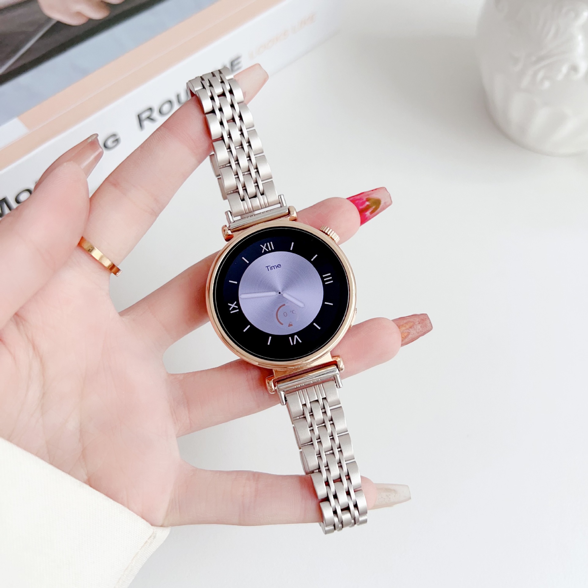 Suitable for Huawei Watch Strap Gt5 Solid Stainless Steel Seven-Bead Butterfly Buckle Watch5 Women's Model Huawei Gt6 Watch Strap