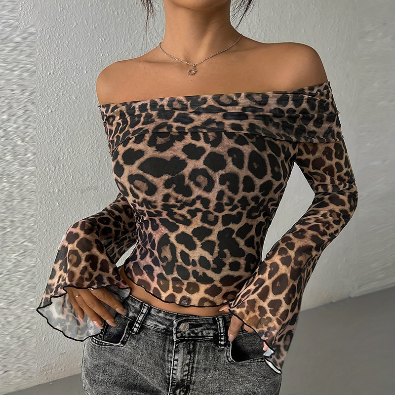 Cross-Border European and American Clothing Summer Sexy One-Shoulder Long-Sleeved Navel-Baring Leopard Print Top Sexy Hot Girl Bottoming Shirt