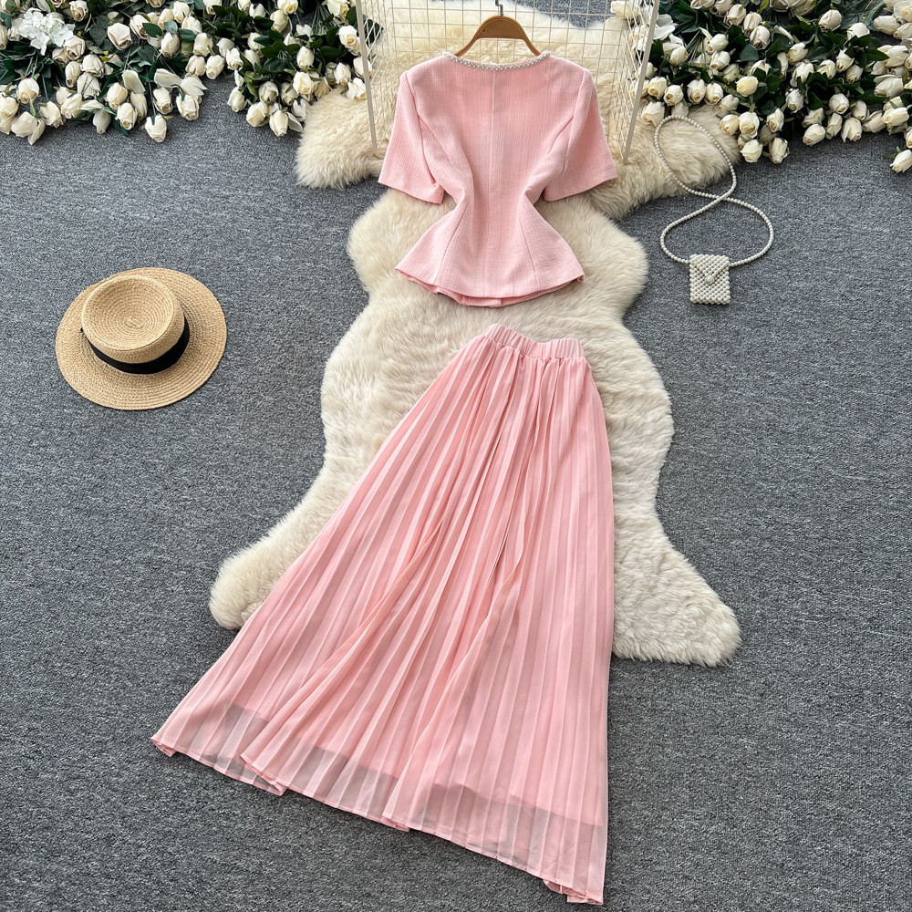 Inspired Women's Pink Two Piece Set Summer Short Sleeve High Waisted Pleated Skirt Sophisticated And Elegant_ecoleips.com