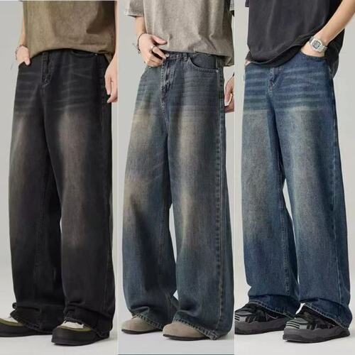 Jeans, men's Southeast Asian washed wide-leg jeans, men's retro, worn loose straight pants