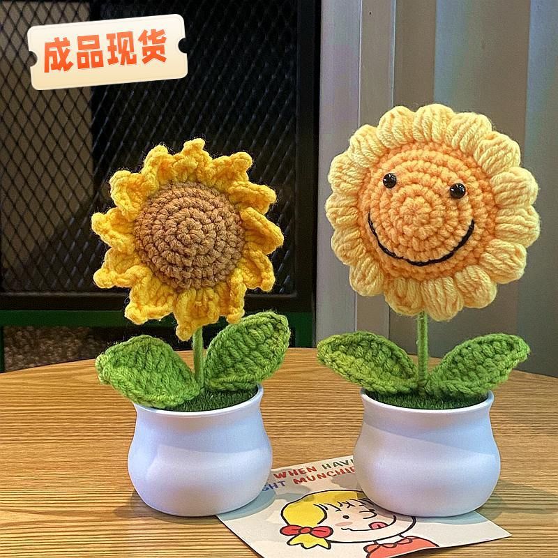 Girasoles acabados en maceta lana flores de punto crochet ramo para maestros adornos de automóviles