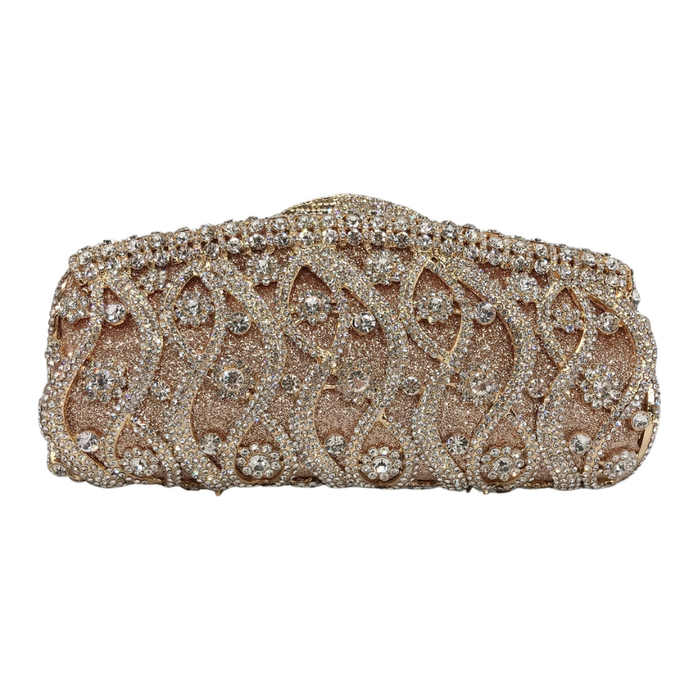 Túi clutch nữ dạ hội đính kim cương, cầm tay kim loại rỗng đính đá, có dây xích — Nền vàng kim cương trắng, Màu bạc, Đế Vàng Kim Cương, Màu đen