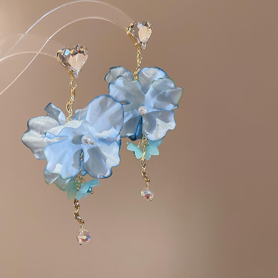 Pendientes de borla de cuentas de arroz de flor de gasa de aguja de plata Pendientes de todo fósforo de estilo de vacaciones Pendientes frescos y dulces para mujer