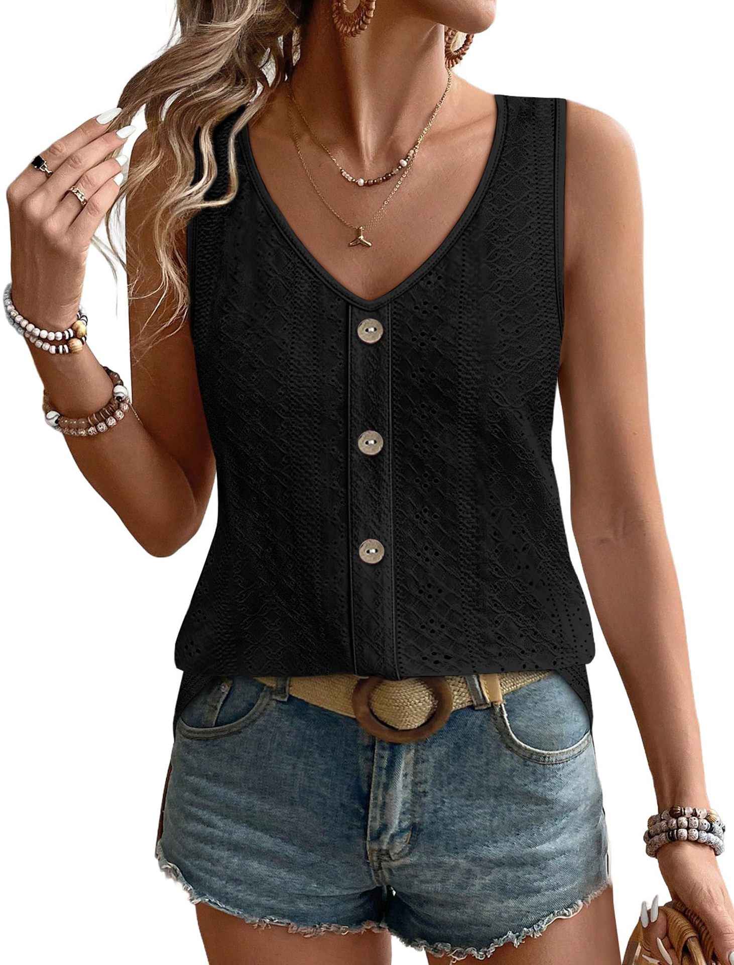 Women's Loose Casual Top V Neck Sleeveless Vest Eyelets American Summer New_ecoleips.com