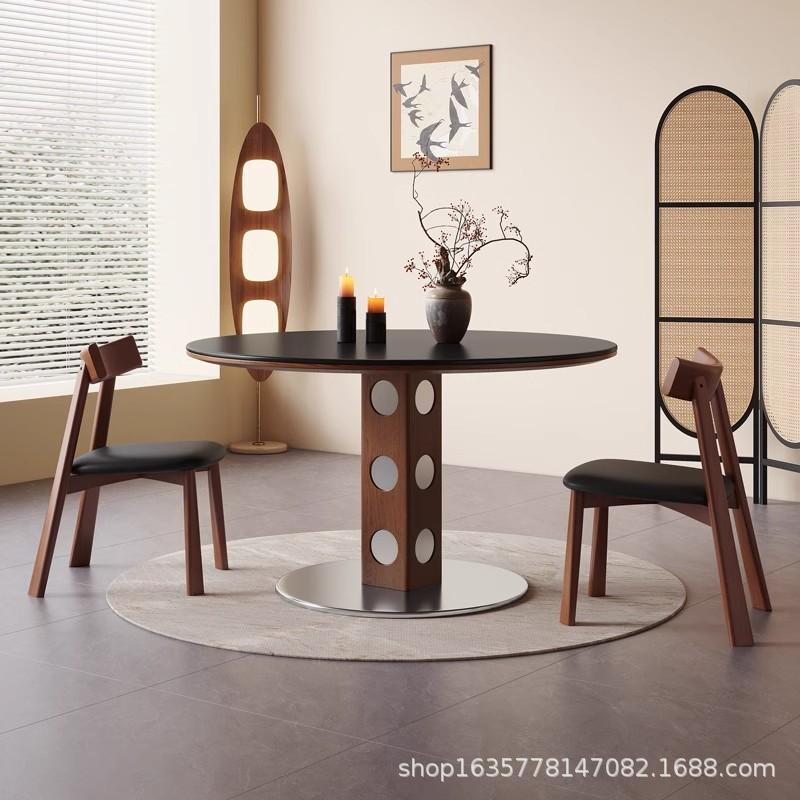 Mesa de comedor redonda de madera maciza medieval retro, restaurante francés, mesa de comedor redonda de tabla de roca doméstica pequeña, mesa de té