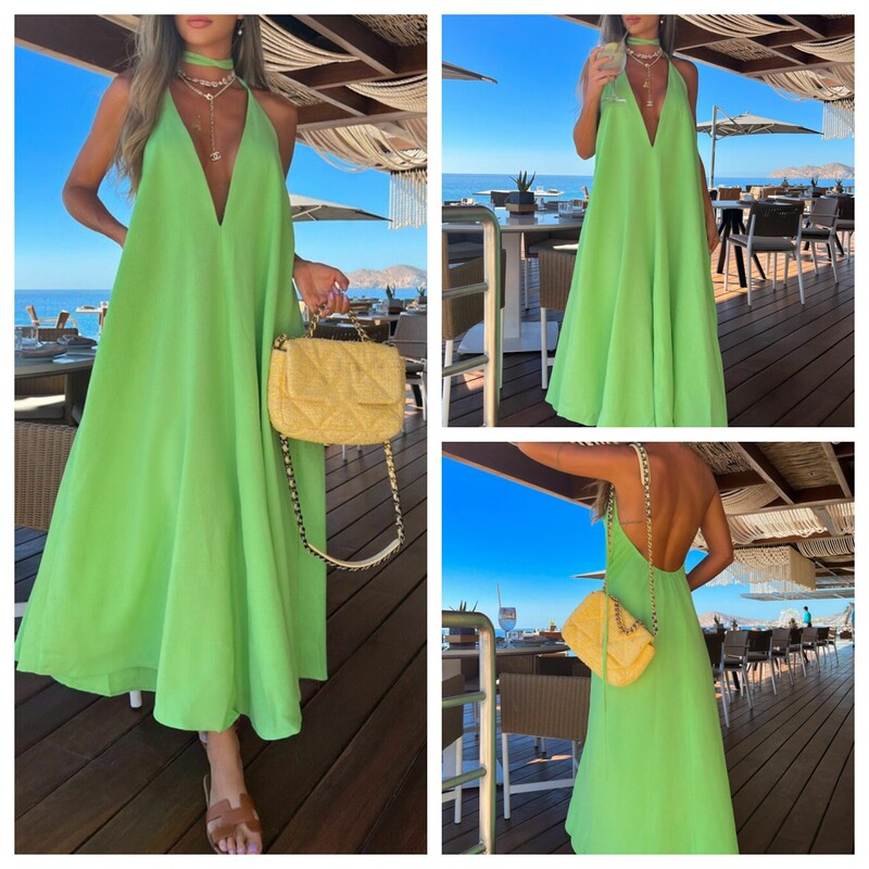 Amazon-New-Cross-Border E-Commerce-Solid Color-Neck-Backless-Swing-dress