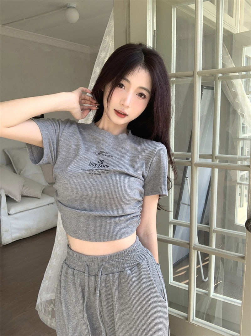 Women's Clothing Style Women's Two Piece Set Casual Gray Summer Top And Wide Leg Trousers Drawstring Tie Short Sleeved Outfit_ecoleips.com