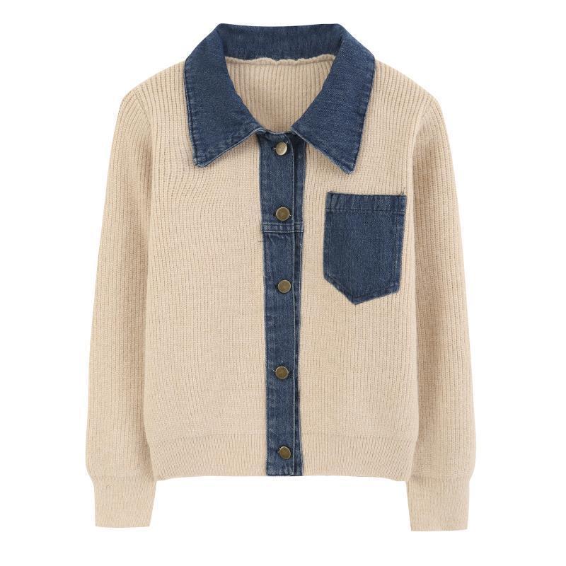 Unique Designer Denim Patchwork Polo Collar Sweater for Women, Spring and Autumn Fashion Versatile Knitted Cardigan Long Sleeve Top Trendy Unique Designer Denim Patchwork Polo Collar Sweater for Women, Spring and Autumn Fashion Versatile Knitted Cardigan Long Sleeve Top Trendy