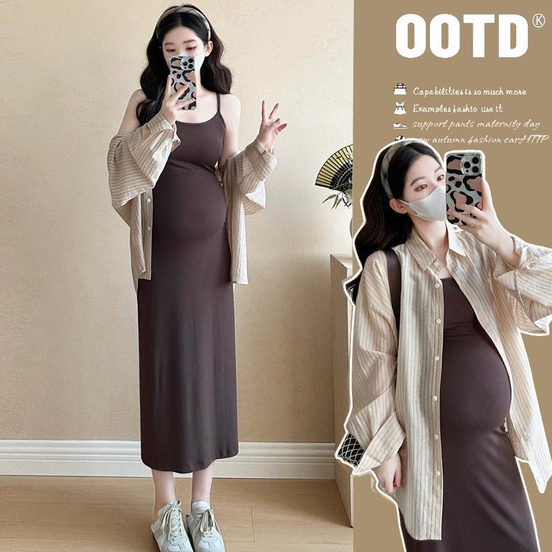 2025 Весна-Осень Новая Юбка для Беременных Корейский Стиль Свободная Рубашка с Длинным Рукавом в Полоску Модная Юбка-Подтяжка для Мамы Средней Длины