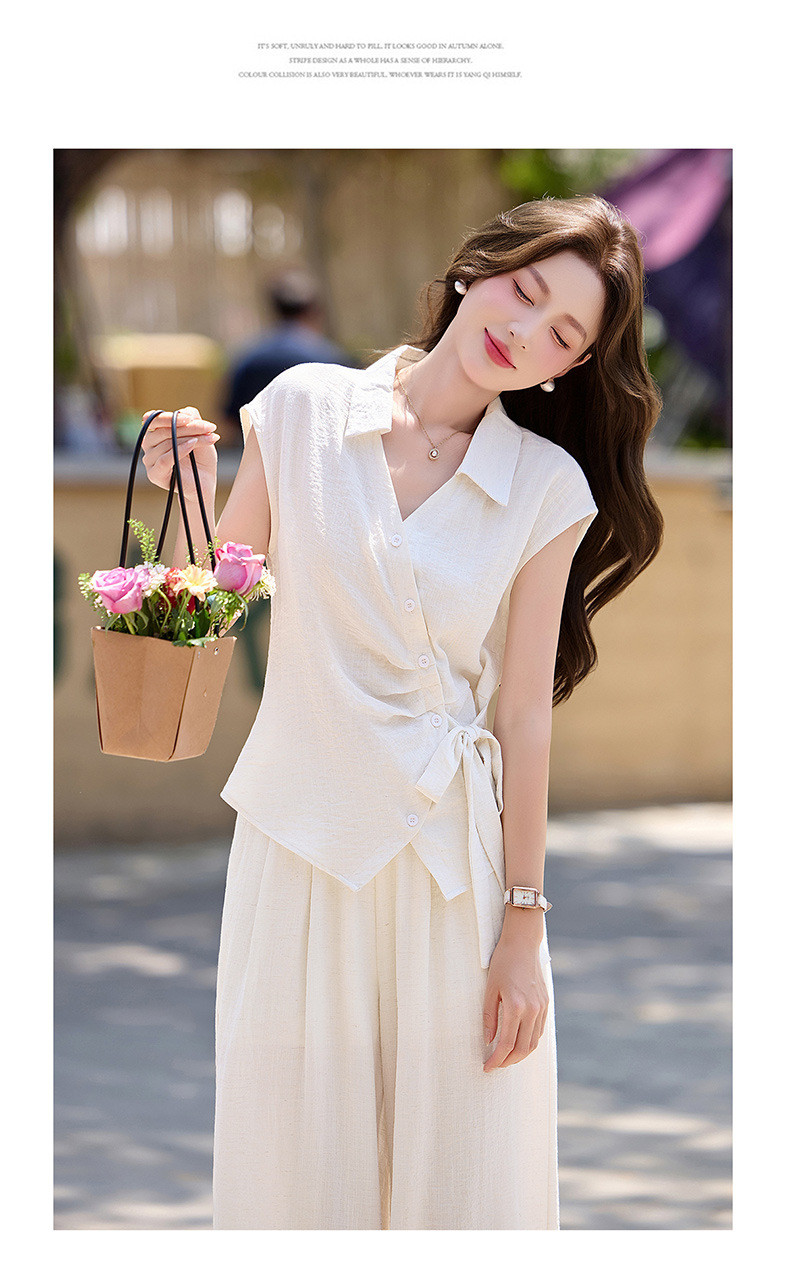 Bộ quần áo nữ hai mảnh gồm áo sơ mi eo thon và quần ống rộng, thiết kế thanh lịch mùa hè 2026 — Xanh lông mòng đen, màu mơ chi tiết 23