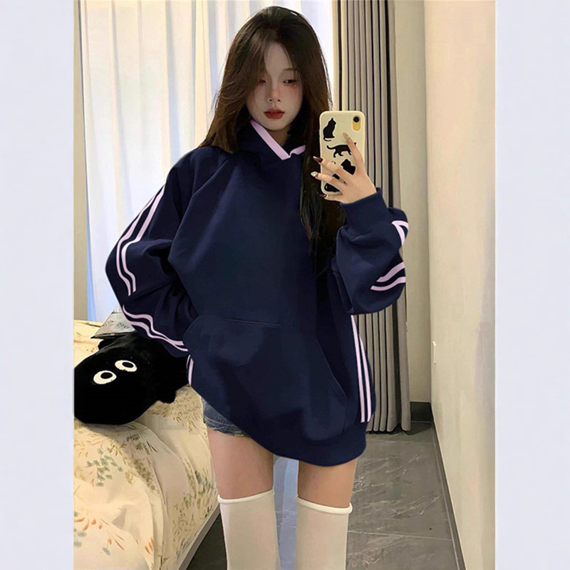 美式复古藏青色连帽卫衣女秋季薄款宽松两条杠撞色冬款加绒厚外套