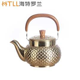 不锈钢圆形茶壶纳米金色带滤网提水壶咖啡壶锤纹鸣音木纹柄泡茶壶