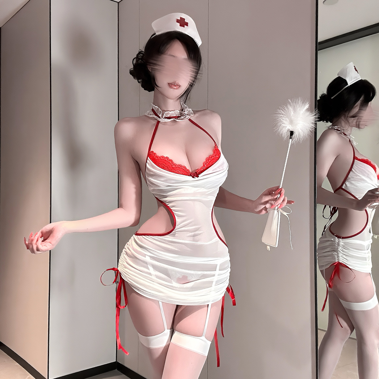 Sexy Lingerie with Open Back, Sweetheart Style, Pure Desire Nurse Uniform Cosplay, Sexy See-Through Style, Qqny Abstinence Series