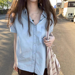ピュアコットンウォッシュブルー半袖デニムシャツ夏ニッチレトロカジュアル薄手ジャケット女性