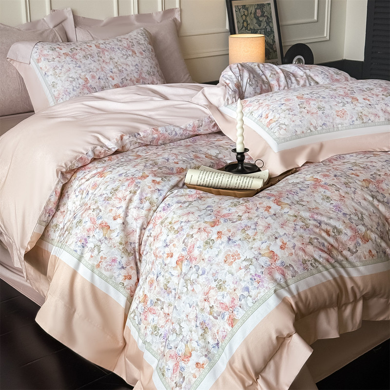 Autumn and Winter Classy Pure Cotton Brushed Four-Piece Set Pure Cotton Thickeneded Large Board Digital Printing Quilt Cover Bedding Pink Blue