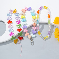 ins夢幻愛心小熊手機鏈時尚混彩亞克力短款防丟手機掛繩跨境批發