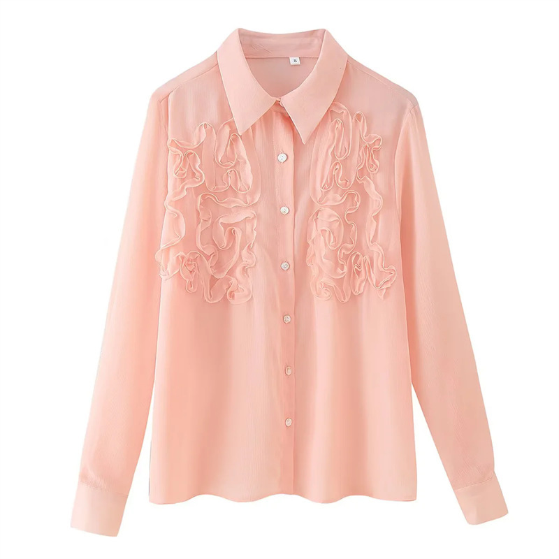 Cross-Border Export 2025 European and American Summer New Women's Polo Collar Front Raised Lace Design Shirt Tops for Women