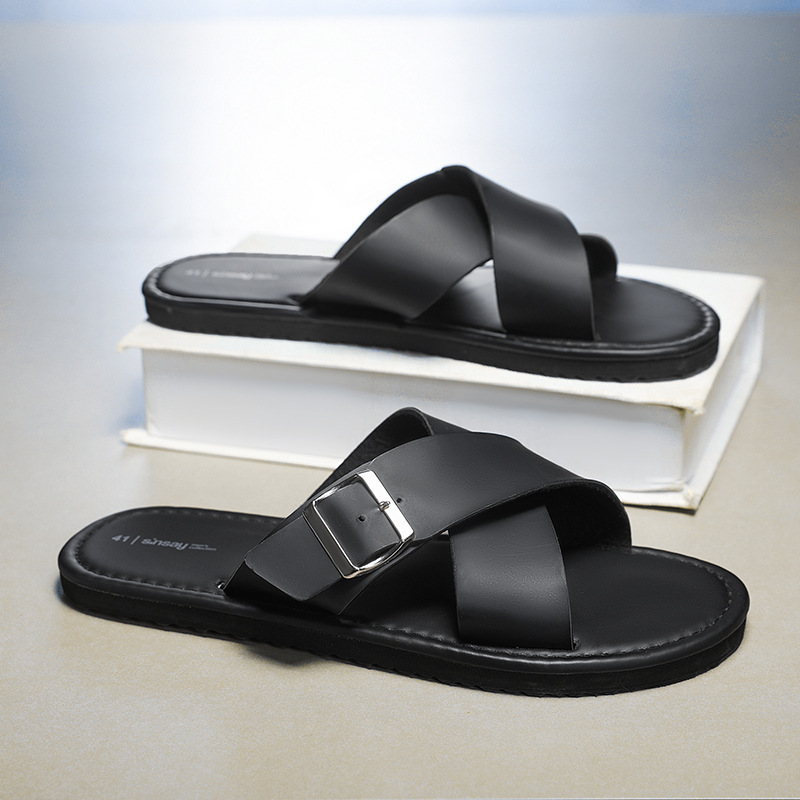 Cross-Border Men's Flat Slippers 2026 Summer New Style Black High-End Fashion Beach Sandals Foreign Trade Cross-Border Men's Flat Slippers 2026 Summer New Style Black High-End Fashion Beach Sandals Foreign Trade