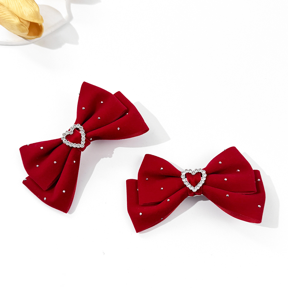 Heart Shape, Bow Knot Pattern Women's Gender Velvet Hair Clip With Rhinestone Heart Bowknot Girl Side Bangs Clip Lady Hair Accessories Princess