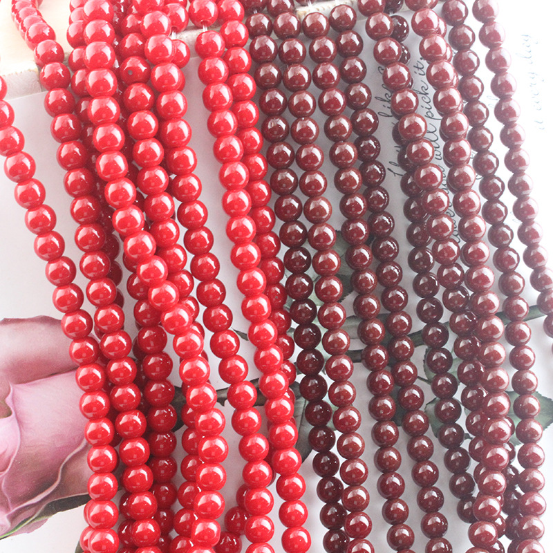 玻璃仿珊瑚红圆珠实色大红不掉色 DIY紫砂红朱砂红串珠饰品配件