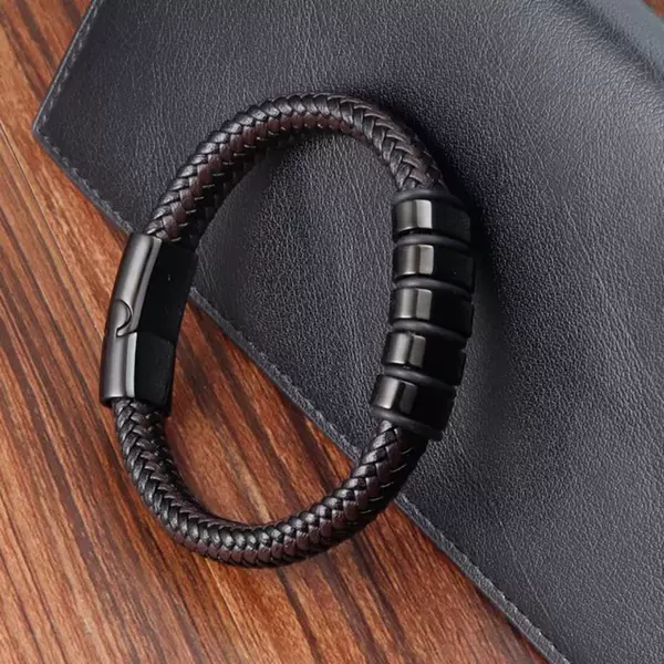 Cross-Border Hot-Selling Leather Beaded Bracelet, Fashionable Business Style Men's Versatile Bracelet with Engraving, Direct Shipment from Factory