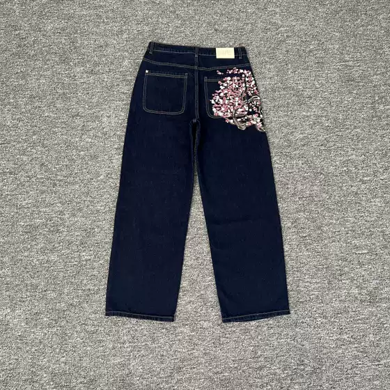Der Schutze Casual Wide-Leg Jeans with Plum Blossom & Cherry Embroidery for Men