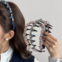 韓国クリスタル歯付きライトラグジュアリーフルダイヤモンドヘアフープ、シンプルでエレガントなレトロ風万能細ヘアフープ、女性用ヘアアクセサリー