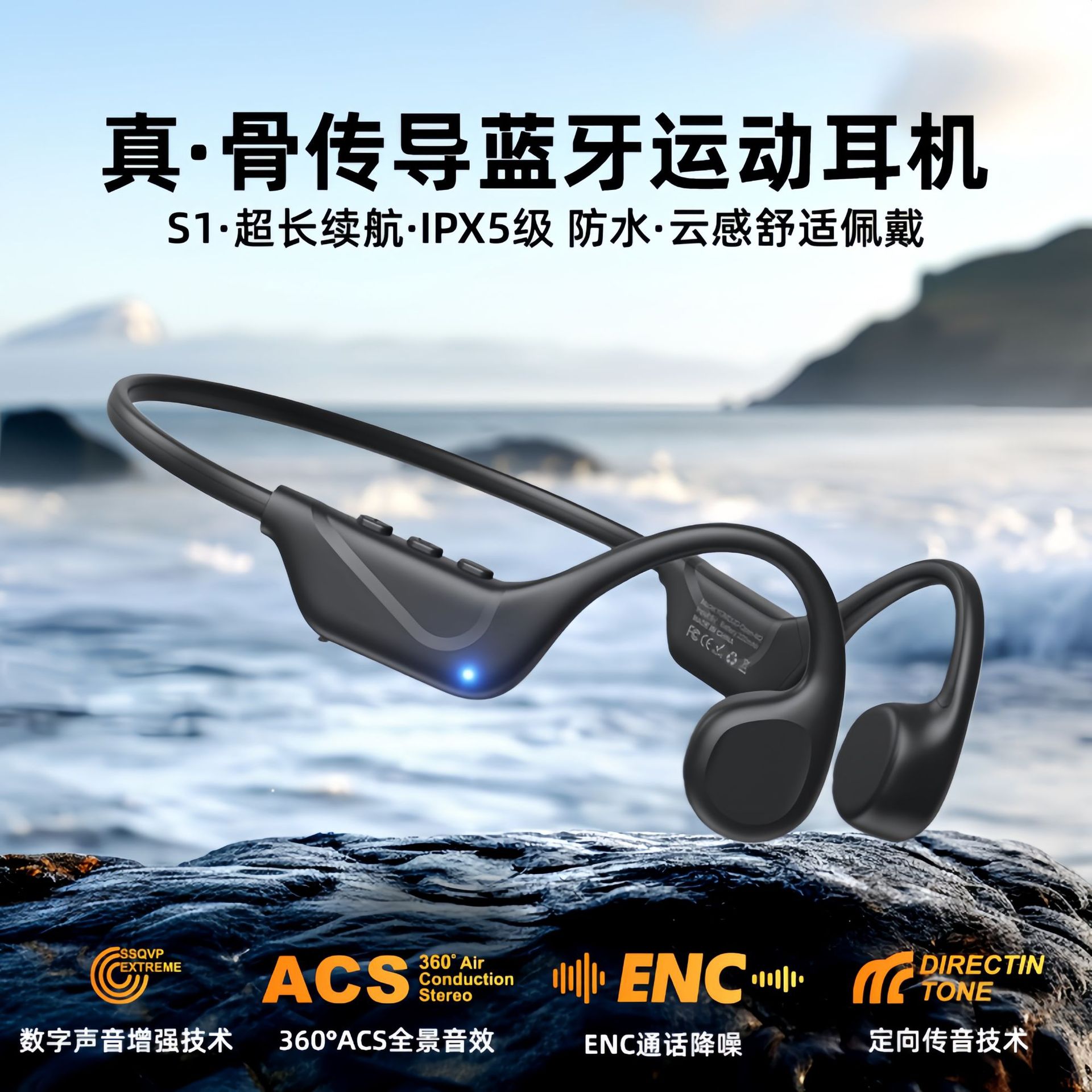 Cross-Border Best-Selling S1 True Bone Conduction Bluetooth Headset Ipx5 Waterproof Ultra-Long Battery Life 9H Running and Cycling Sports Headset