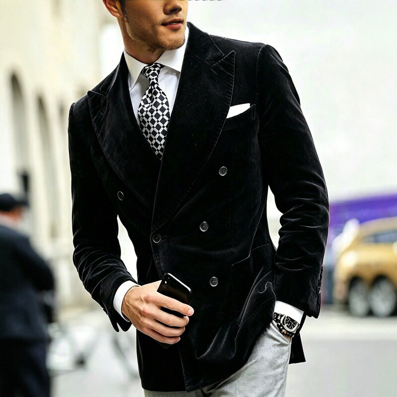 2026 new European and American style double-breasted velvet suit, slim-fit, British-style business casual jacket, men's formal wear 2026 new European and American style double-breasted velvet suit, slim-fit, British-style business casual jacket, men's formal wear