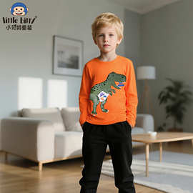 跨境货源2025年秋冬季新款卡通恐龙长袖T恤纯棉儿童男童童装批发