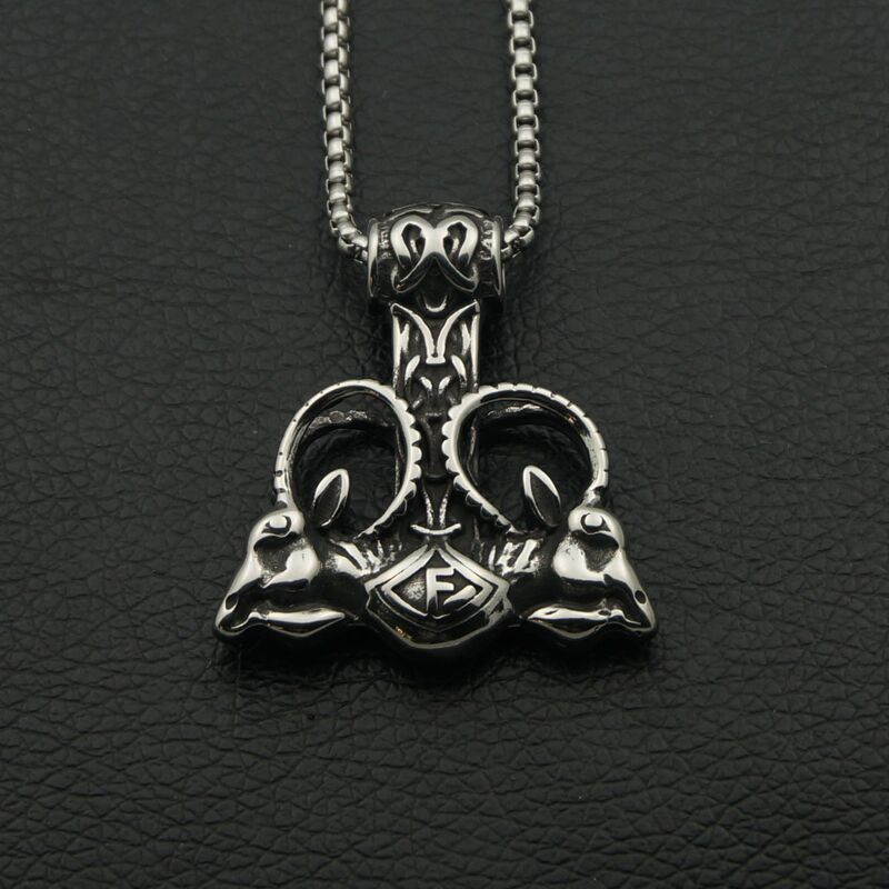 Pirate Mjolnir Thor's Hammer Goat Head Stainless Steel Pendant Necklace