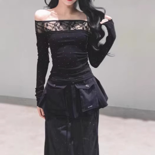 Chanel-Style Black Lace Off-Shoulder Long-Sleeve Women's Autumn and Winter Outfit, Elegant Slim-Fit Base Shirt with Polka Dots