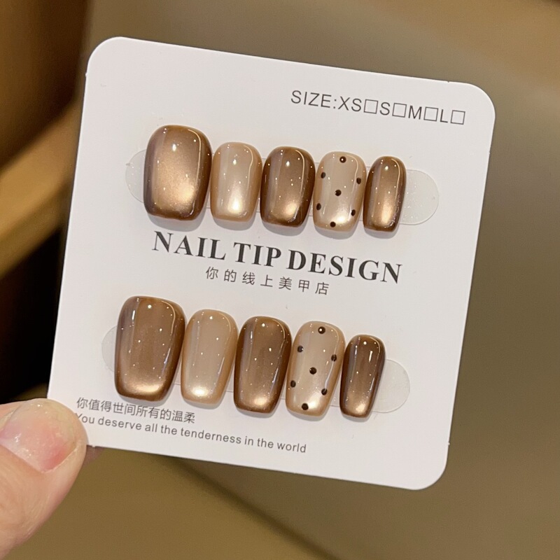 [Chestnut Caramel] Autumn and Winter Brown Cat Eye Cute Polka Dot Handmade Wearable Nails H830 Style with Box Tool Kit