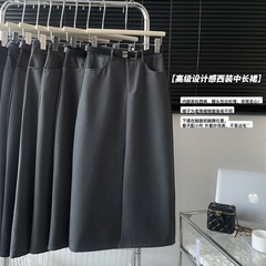 黑色韩版高腰显瘦直筒西装半身裙女春季新款后开叉a字中长款裙子