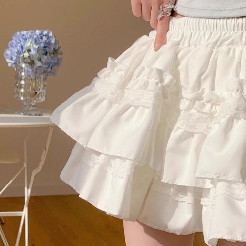 White lace cake-puff skirt for women, sweet half-body skirt A-line skirt, high-waisted, slimming, prevents exposure, ballet style short skirt